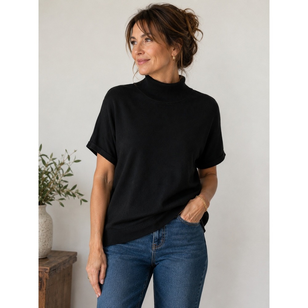 Sydney Easton Knit Top 2X Black Silk Quite Luxury Minimal Office Timeless Classi